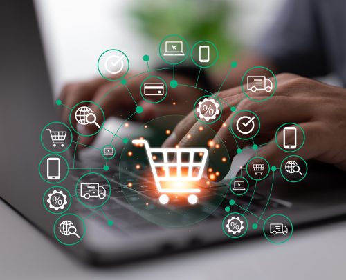 Concept for online shopping and e-commerce using a laptop computer and a delivery vehicle to place an order.