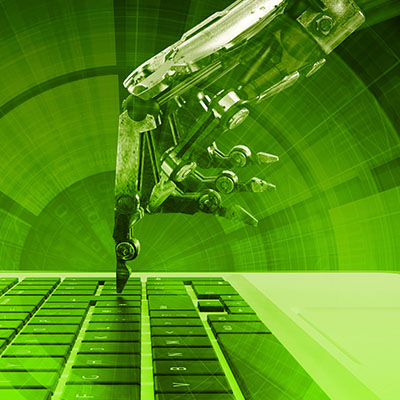 Green. robotic hand pressing on laptop keyboard.